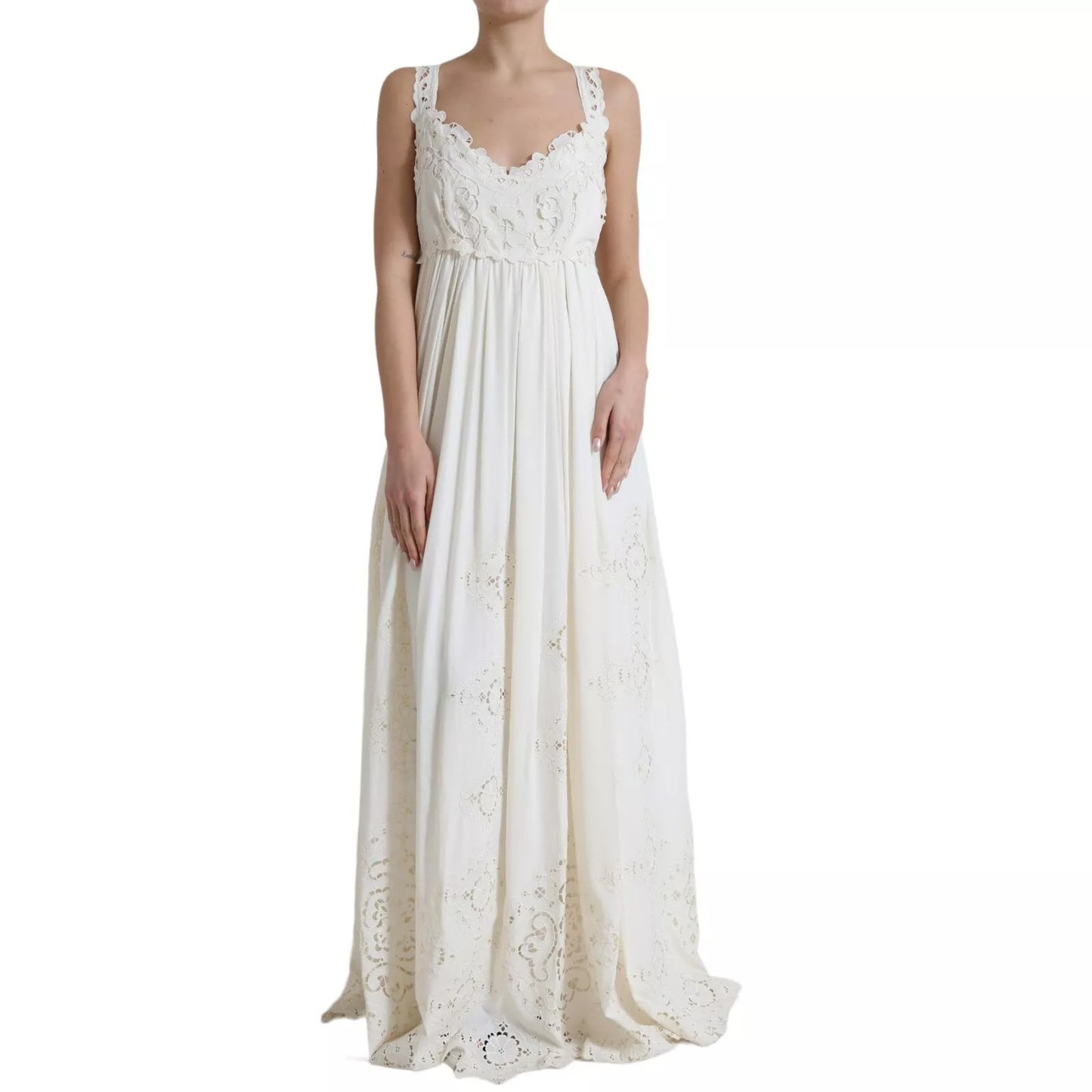 Dolce & Gabbana White Lace Silk A-line Sleeveless Long Dress