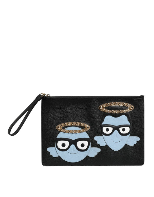 Dolce & Gabbana Schwarzes Leder #DGFAMILY verschönert Männer Zip Pouch Tasche