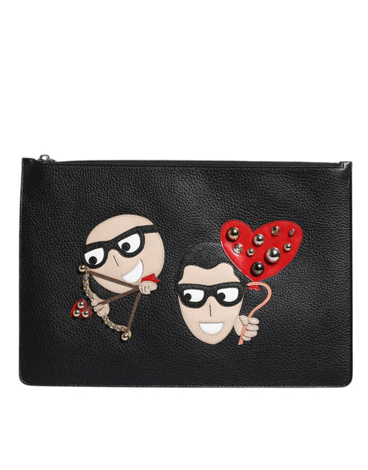 Dolce & Gabbana Schwarzes Leder #DGFAMILY verschönert Männer Zip Pouch Tasche