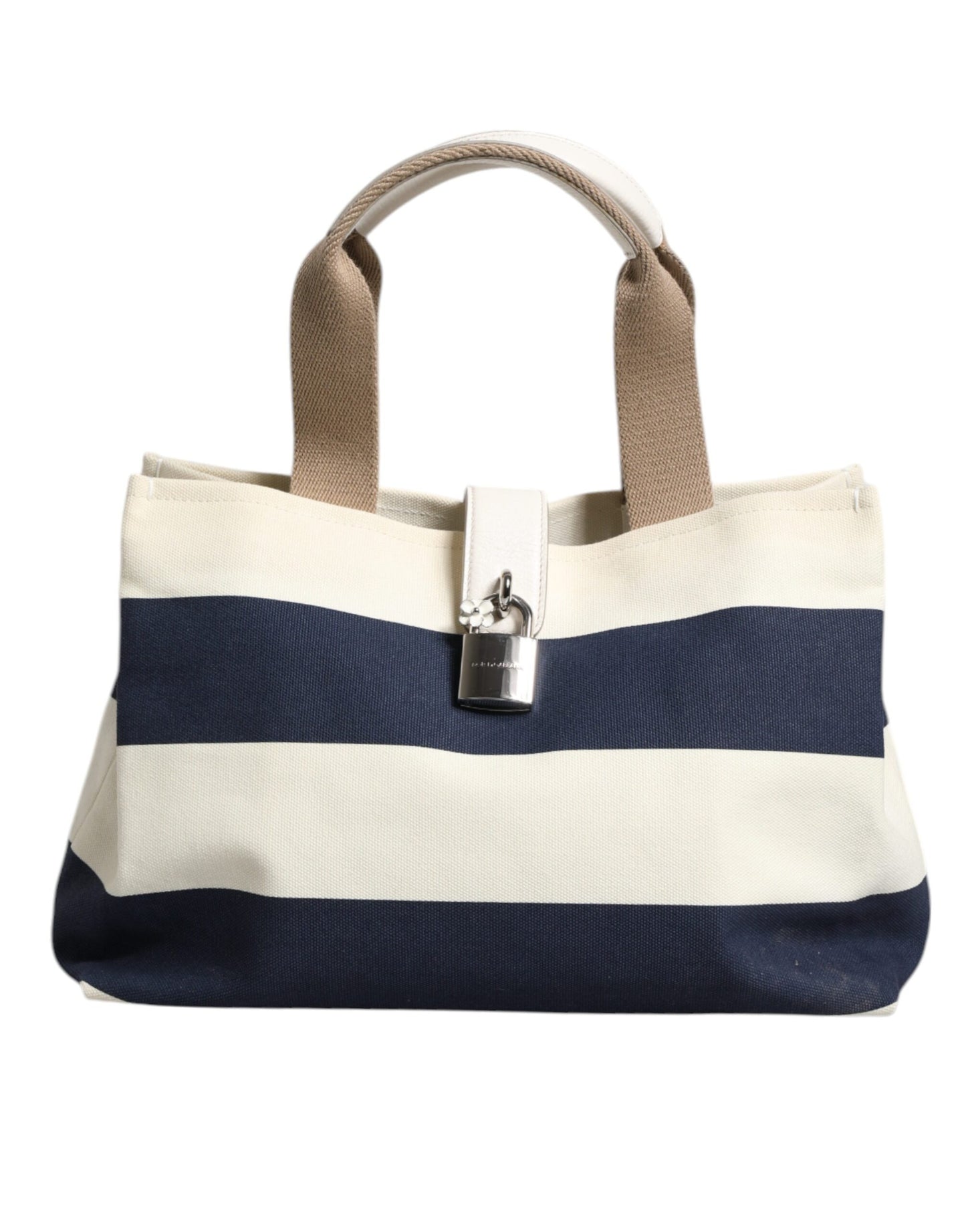 Dolce & Gabbana Weiß-Marine Gestreiftes Segeltuch Tote Tote Tasche