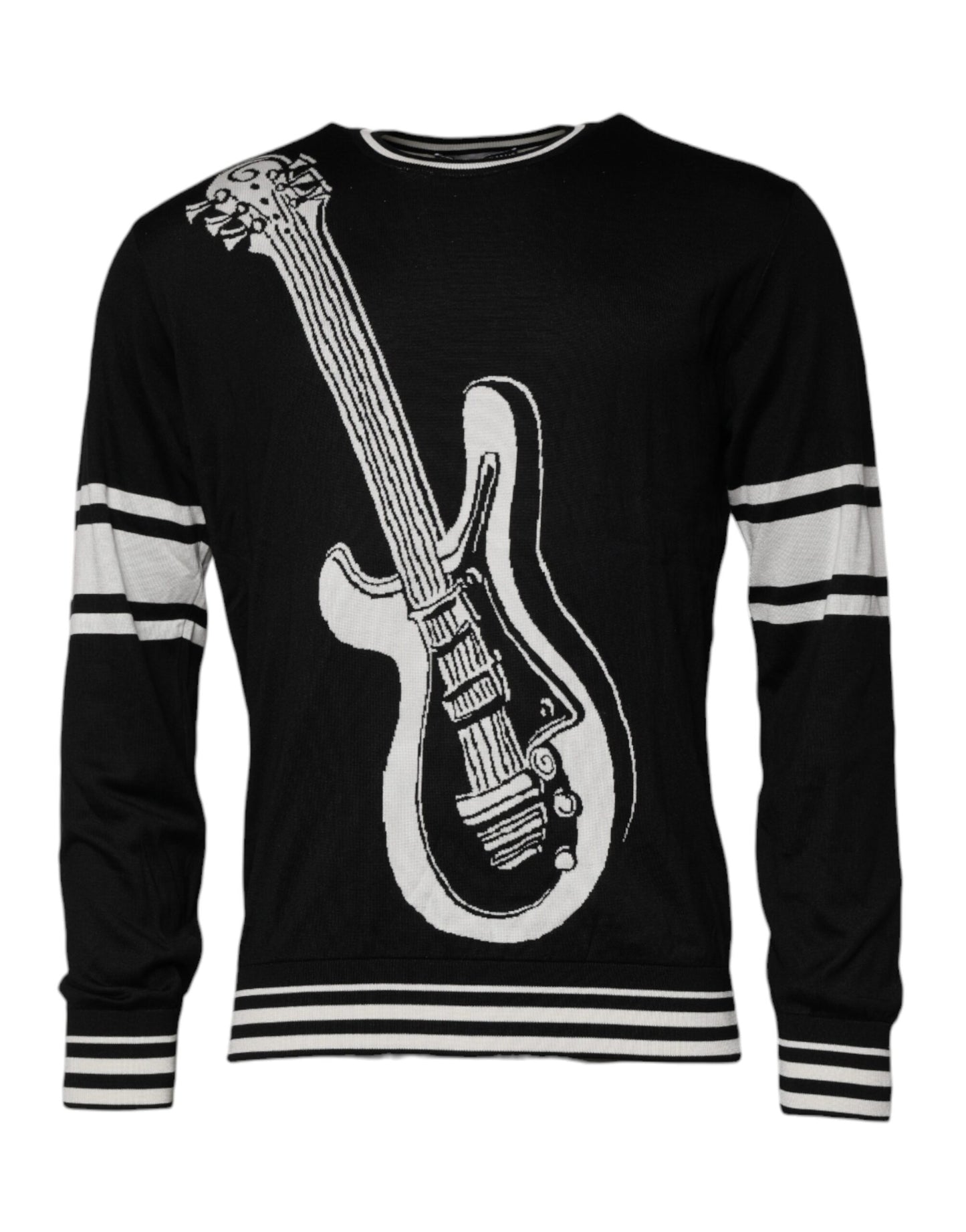 Dolce & Gabbana Schwarz Weiß Gitarre Seidenpullover mit Rundhalsausschnitt