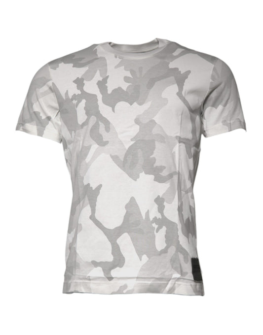 Dolce & Gabbana Weißes Grau Camouflage Baumwoll-T-Shirt mit Rundhalsausschnitt