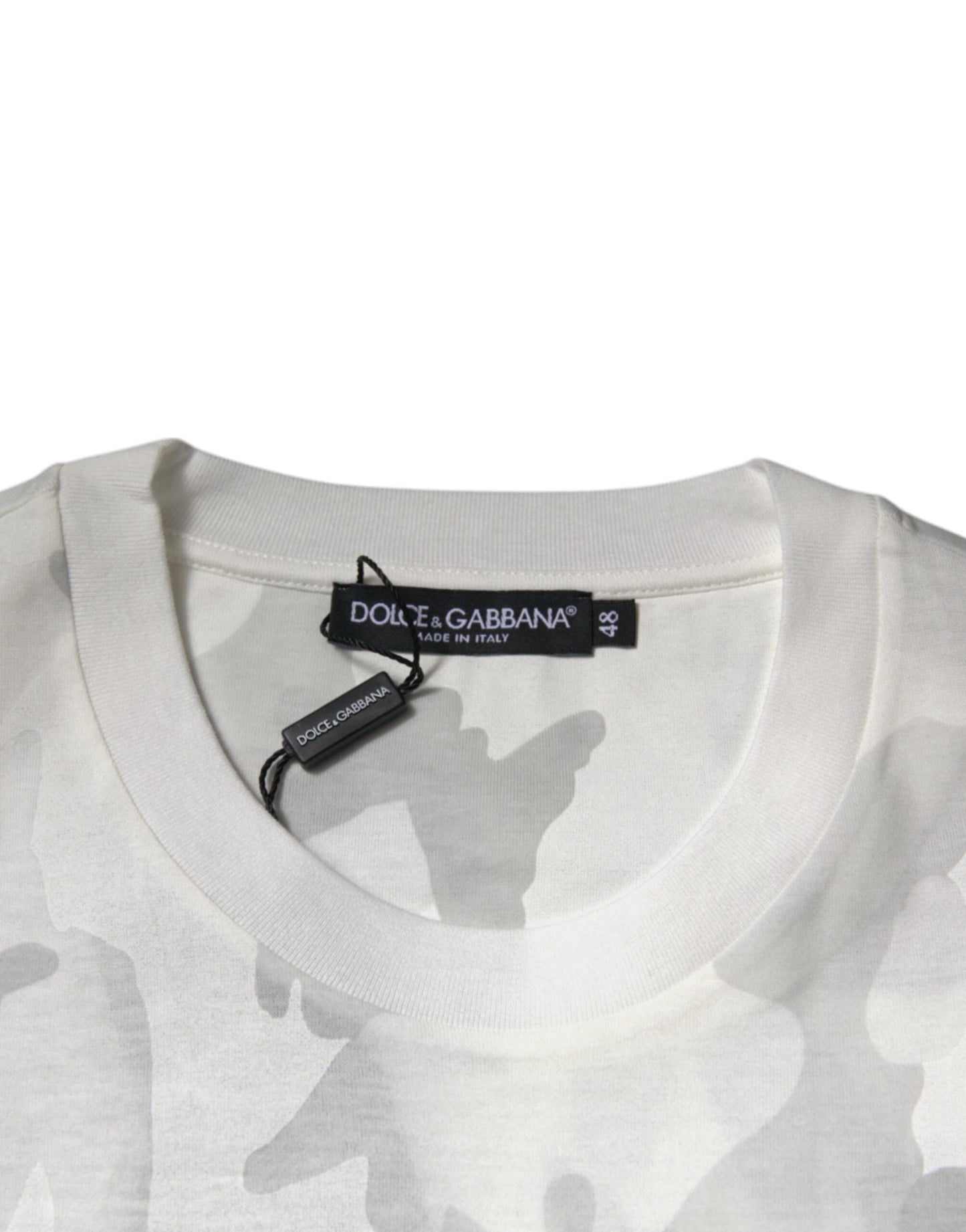 Dolce & Gabbana Weißes Grau Camouflage Baumwoll-T-Shirt mit Rundhalsausschnitt