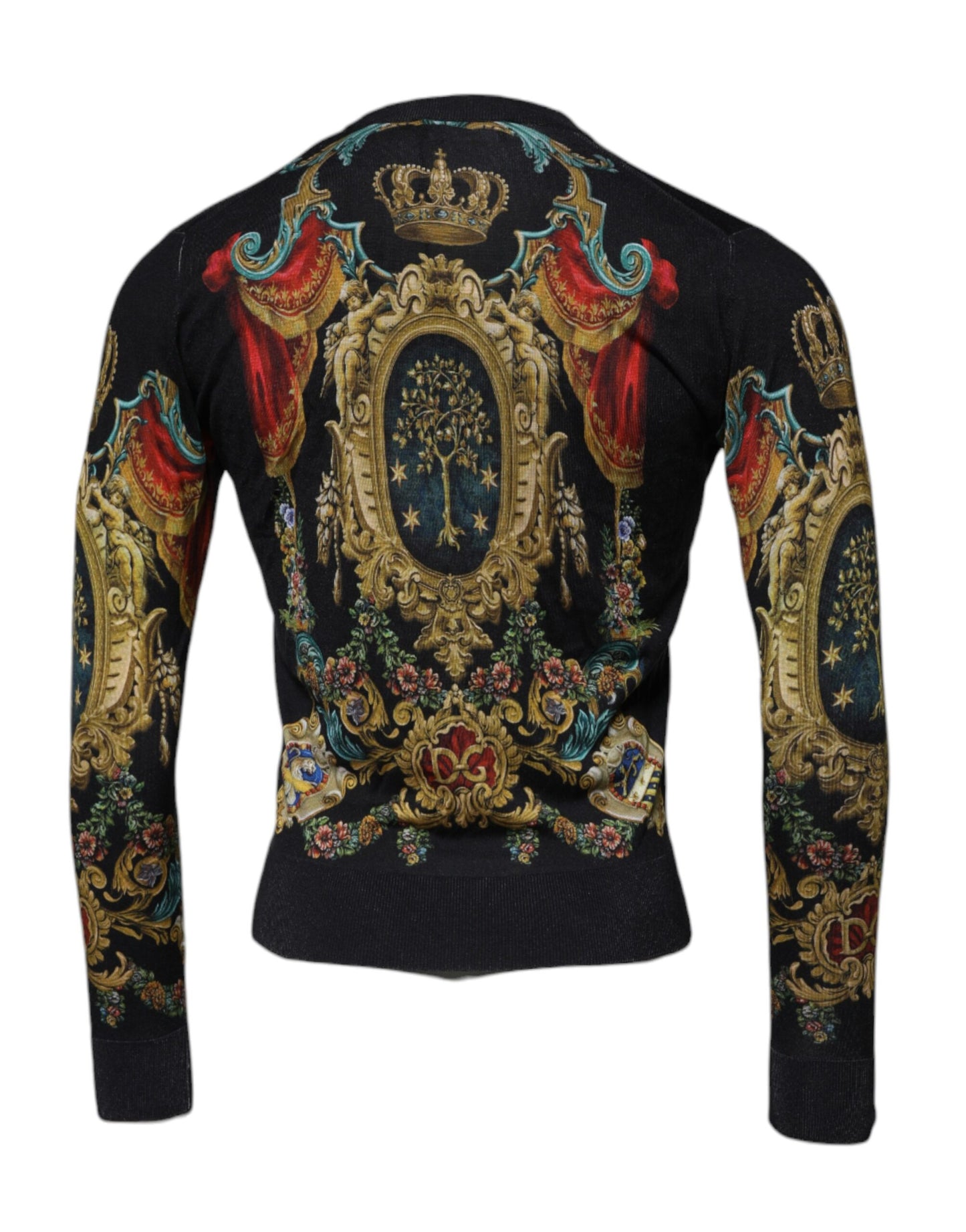 Dolce & Gabbana Schwarzer Heraldic DG Seidenpullover mit Rundhalsausschnitt