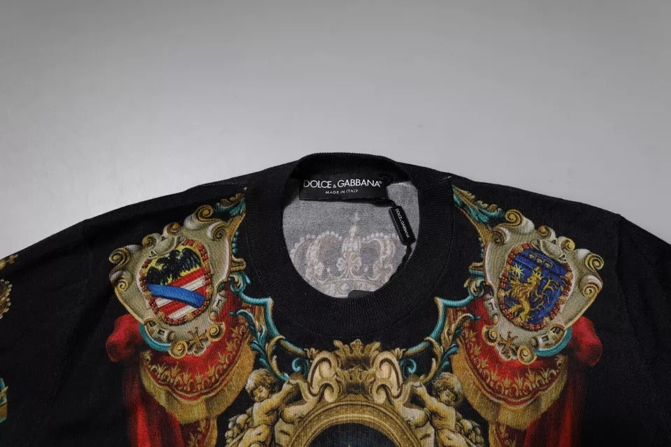 Dolce & Gabbana Schwarzer Heraldic DG Seidenpullover mit Rundhalsausschnitt