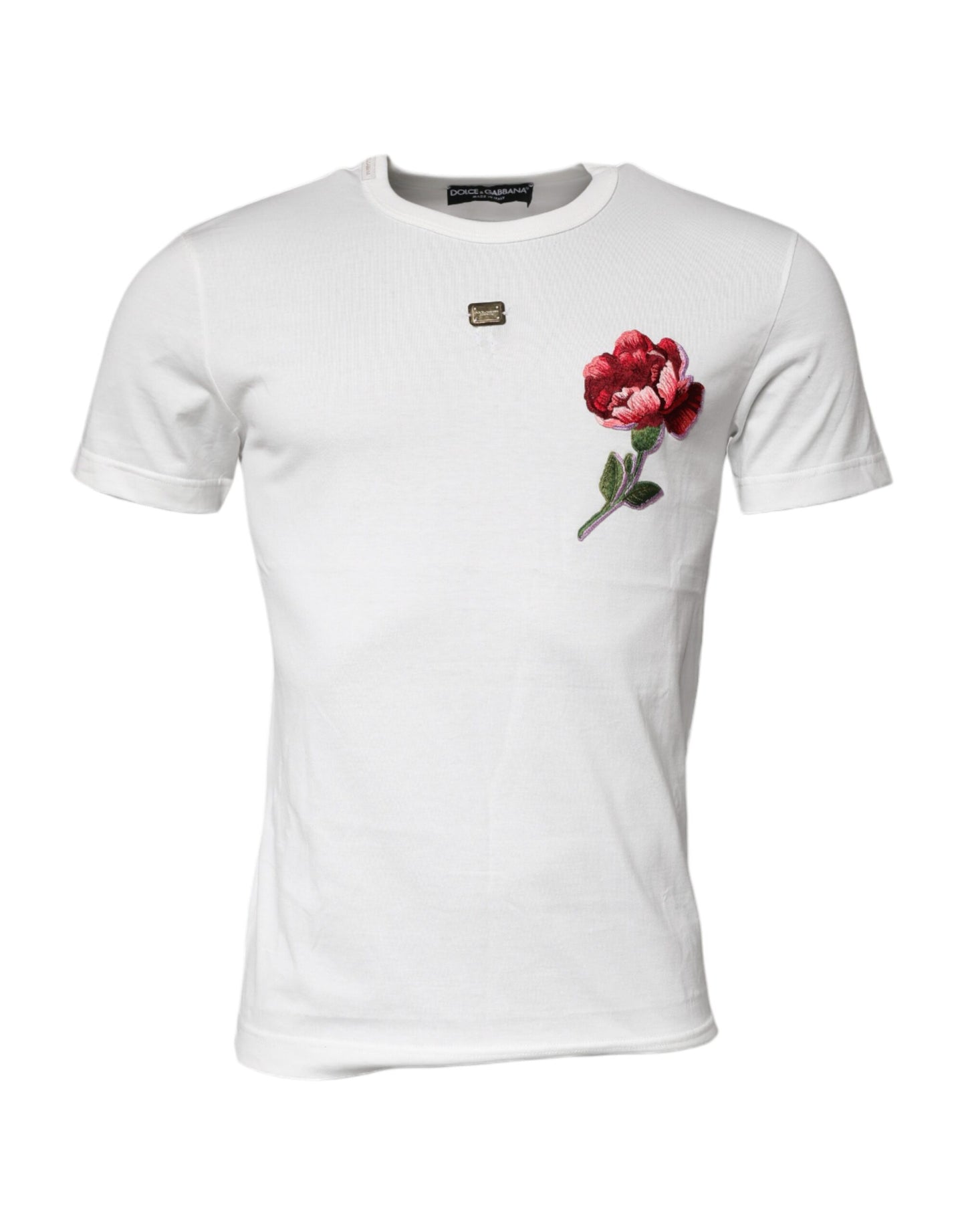 Dolce & Gabbana Weißes T-Shirt mit geblümtem Rundhalsausschnitt und Logo aus Baumwolle