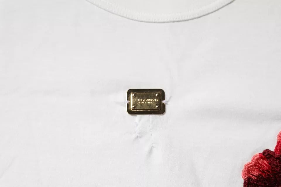 Dolce & Gabbana Weißes T-Shirt mit geblümtem Rundhalsausschnitt und Logo aus Baumwolle