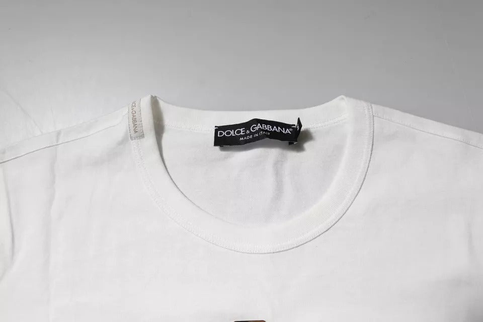 Dolce & Gabbana Weißes T-Shirt mit geblümtem Rundhalsausschnitt und Logo aus Baumwolle