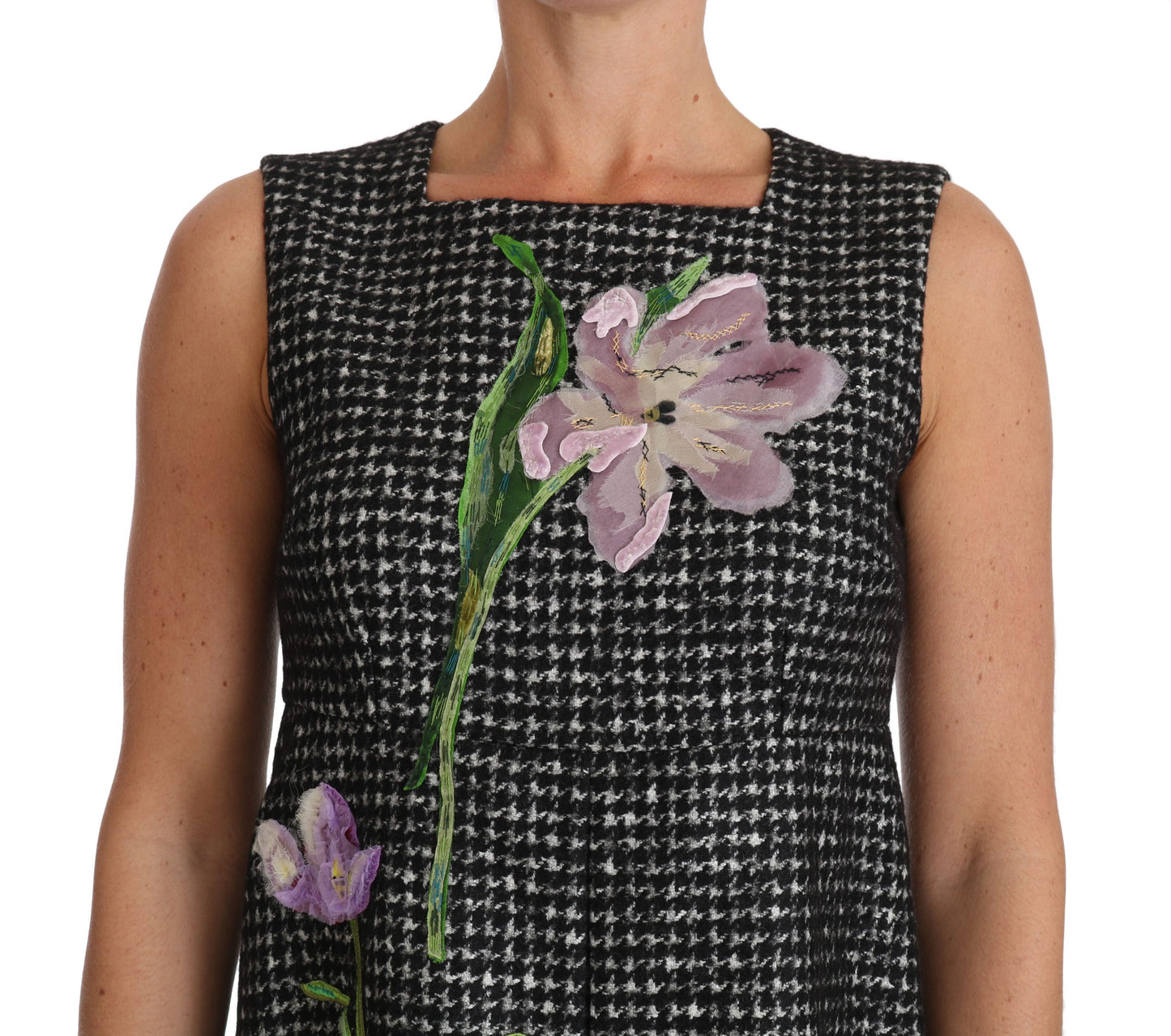 Dolce &amp; Gabbana Elegant Grey Mini A-Line Dress with Purple Tulip