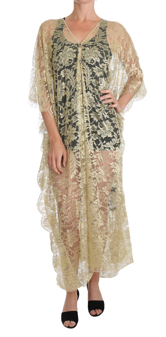 Dolce &amp; Gabbana Golden Floral Lace Kaftan Sundress