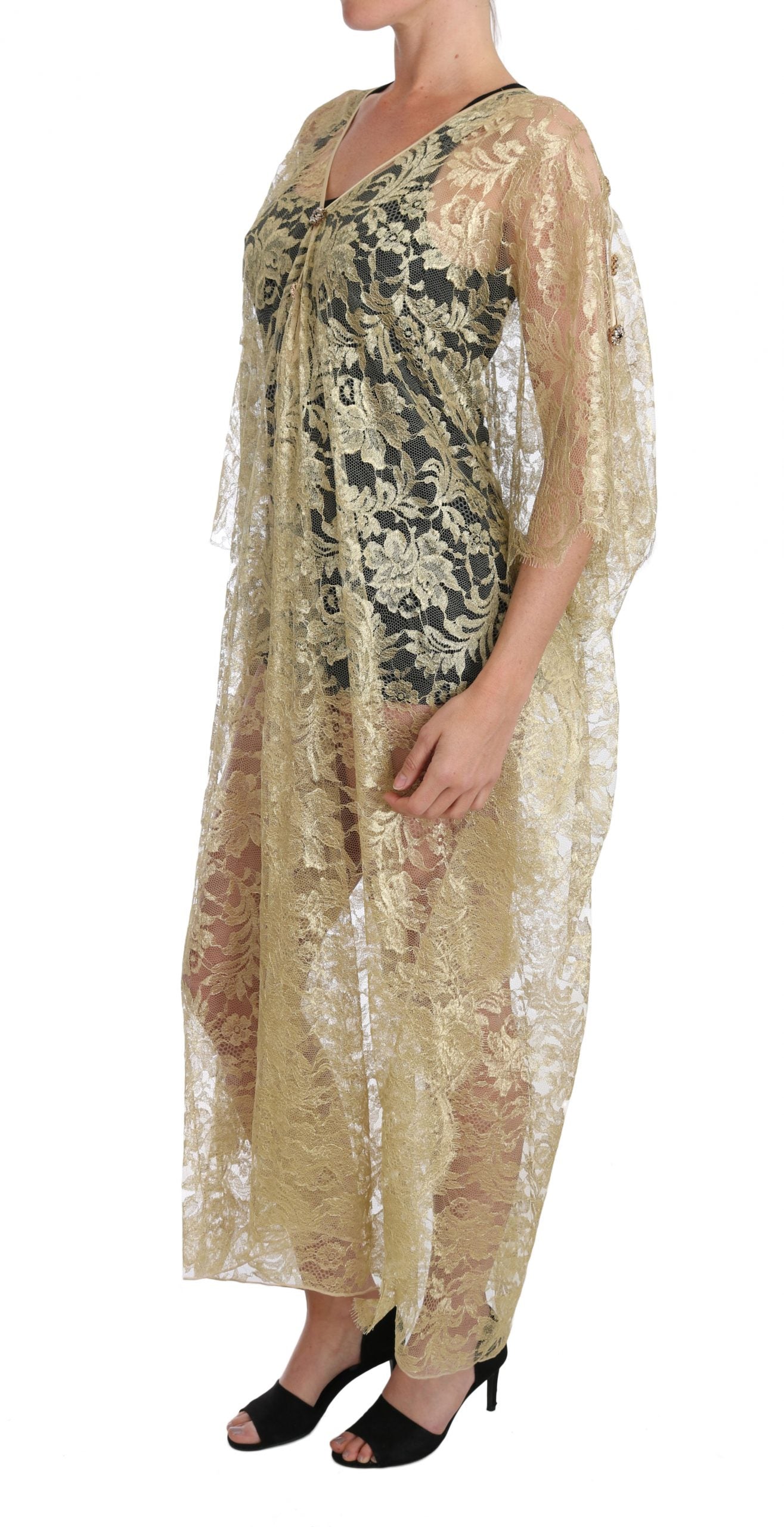 Dolce &amp; Gabbana Golden Floral Lace Kaftan Sundress