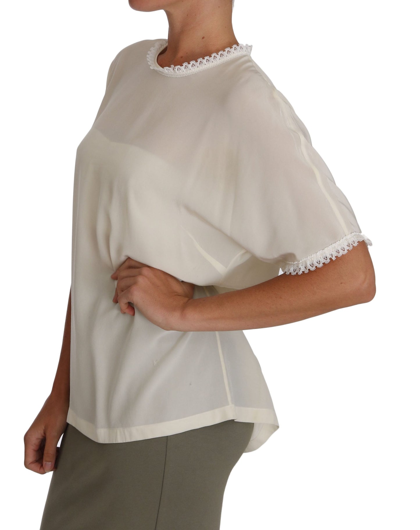 Dolce &amp; Gabbana Cream silk blouse top with lace trim