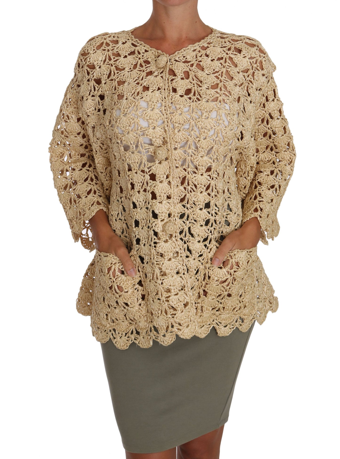 Dolce &amp; Gabbana Chic Beige Crocheted Raffia Cardigan