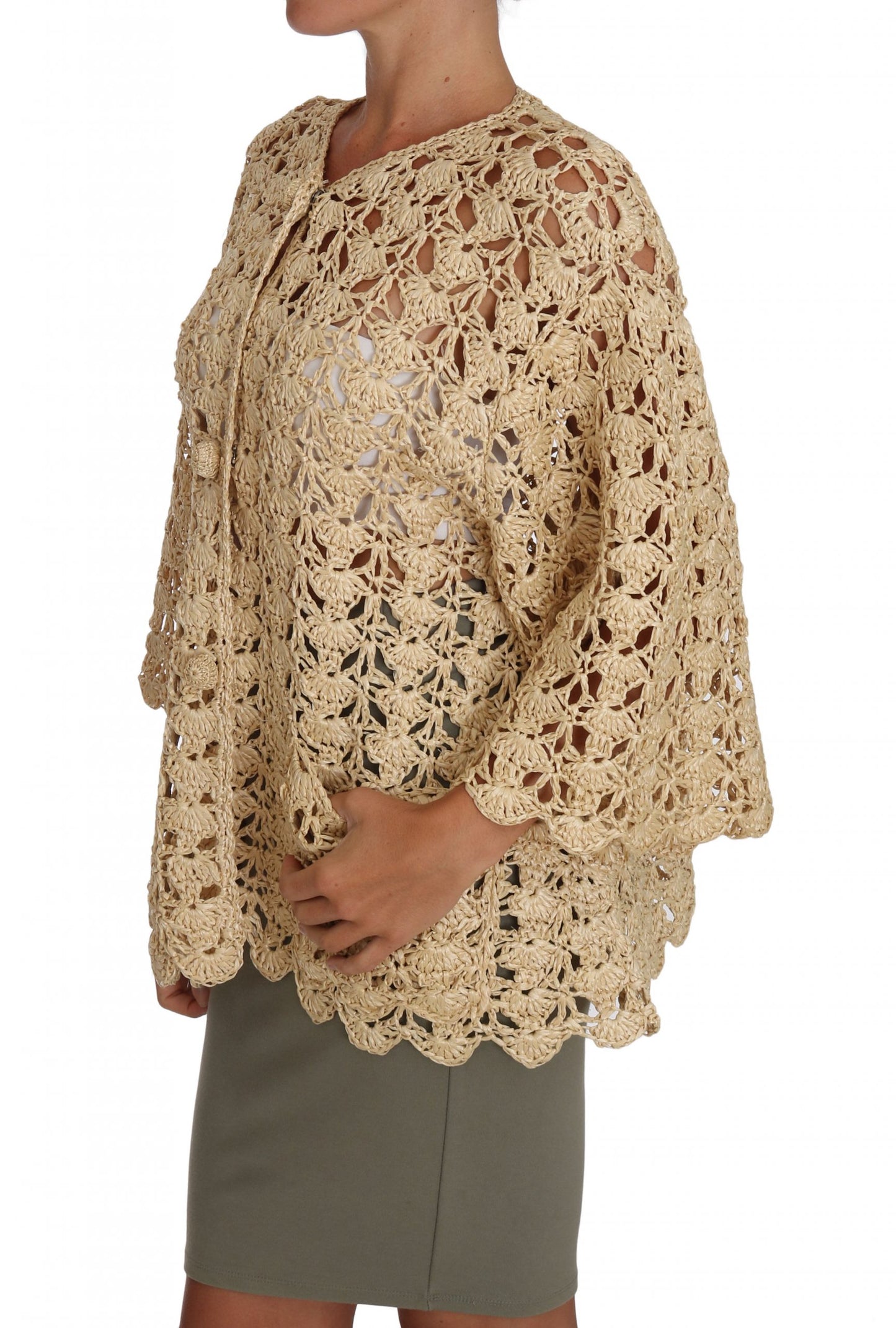 Dolce &amp; Gabbana Chic Beige Crocheted Raffia Cardigan