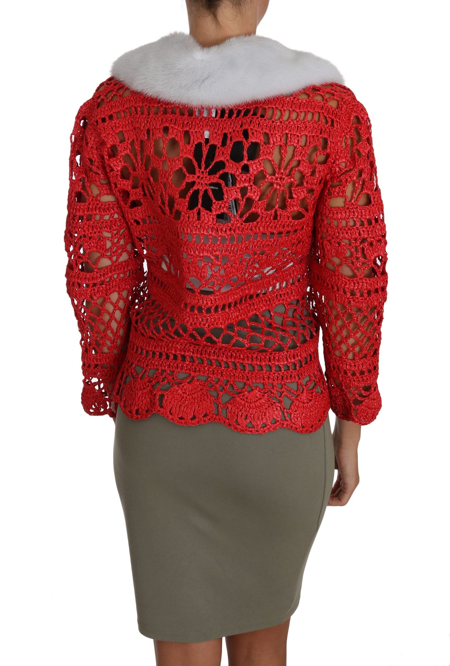 Dolce &amp; Gabbana Elegant red crochet cardigan with fur collar