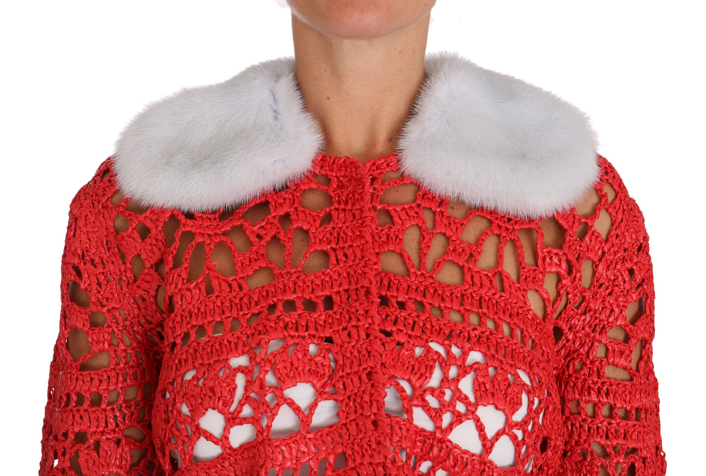 Dolce &amp; Gabbana Elegant red crochet cardigan with fur collar