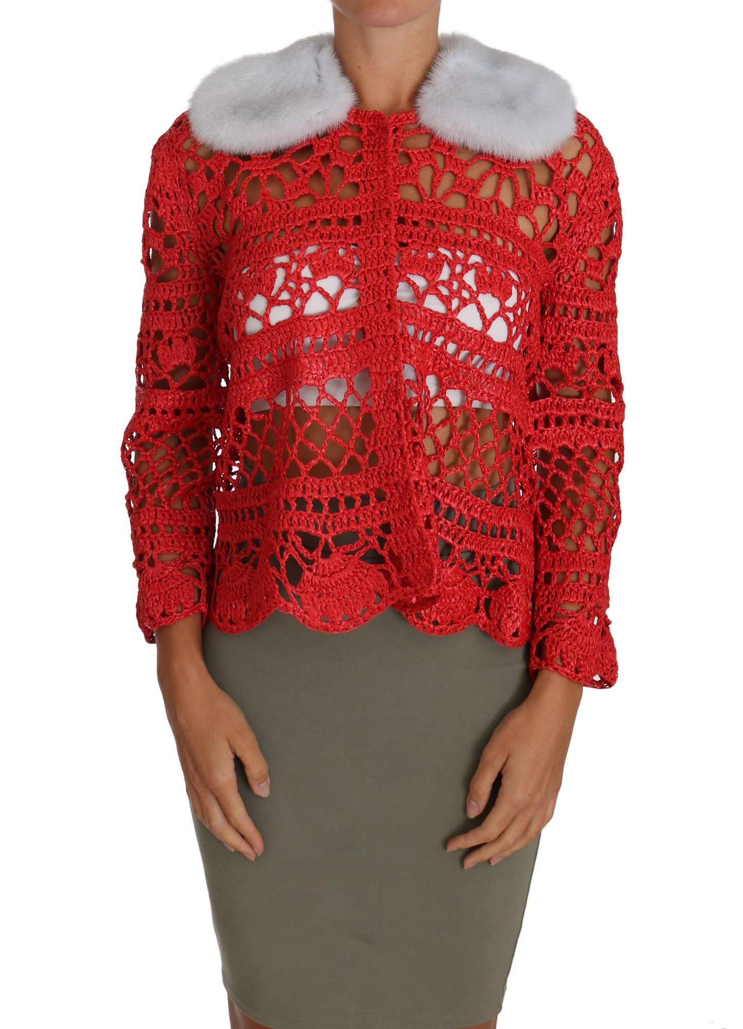 Dolce &amp; Gabbana Elegant red crochet cardigan with fur collar