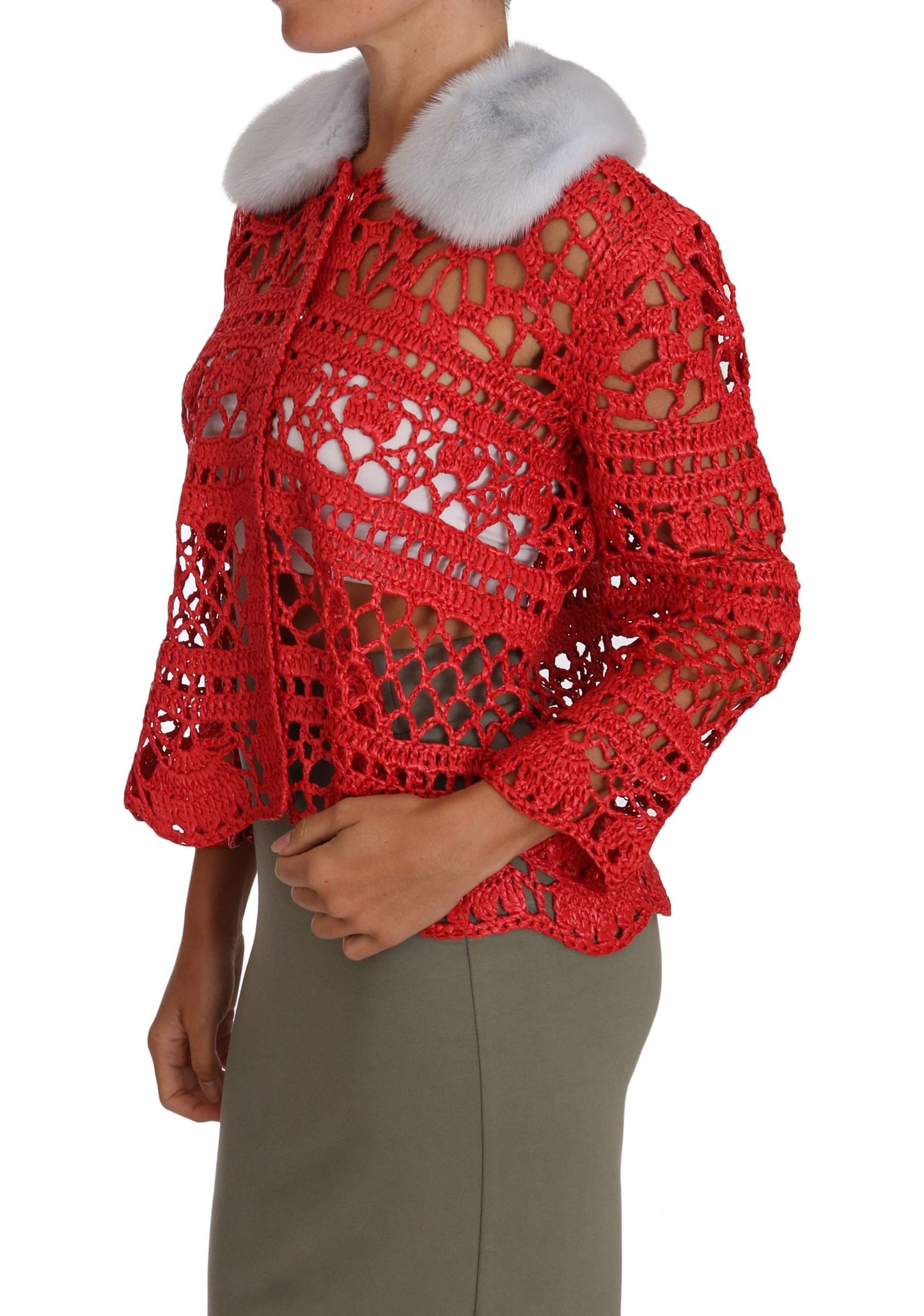 Dolce &amp; Gabbana Elegant red crochet cardigan with fur collar