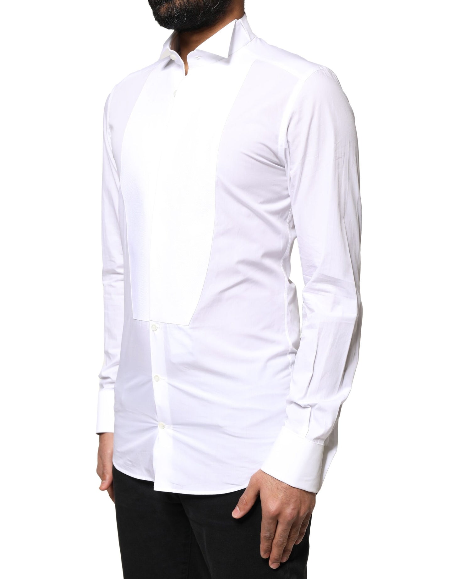 Dolce & Gabbana White GOLD Cotton Poplin Bib Formal Men Dress Shirt