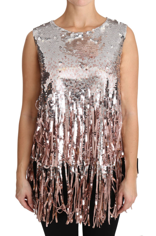 Dolce &amp; Gabbana Gold Pink Sequin Fringe Elegance -toppi