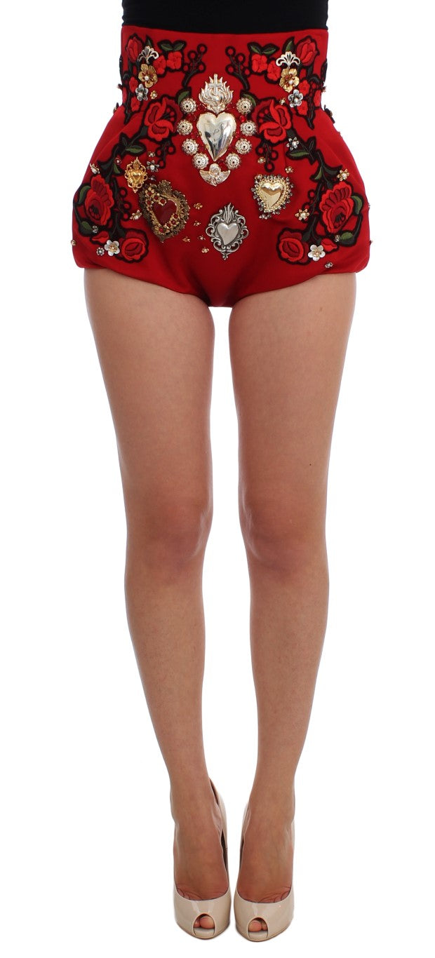 Dolce &amp; Gabbana Red Silk Mini Shorts with Crystal Embellishment