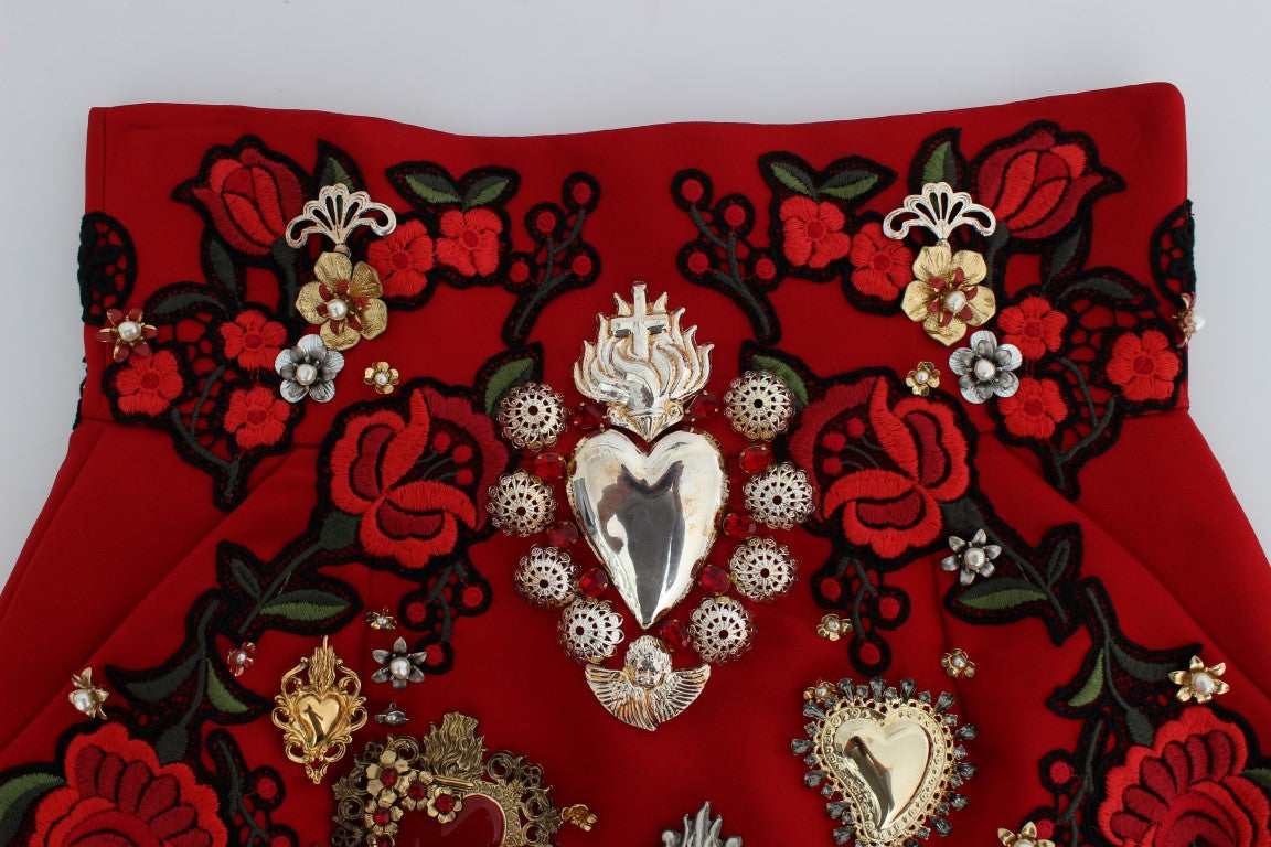 Dolce &amp; Gabbana Red Silk Mini Shorts with Crystal Embellishment