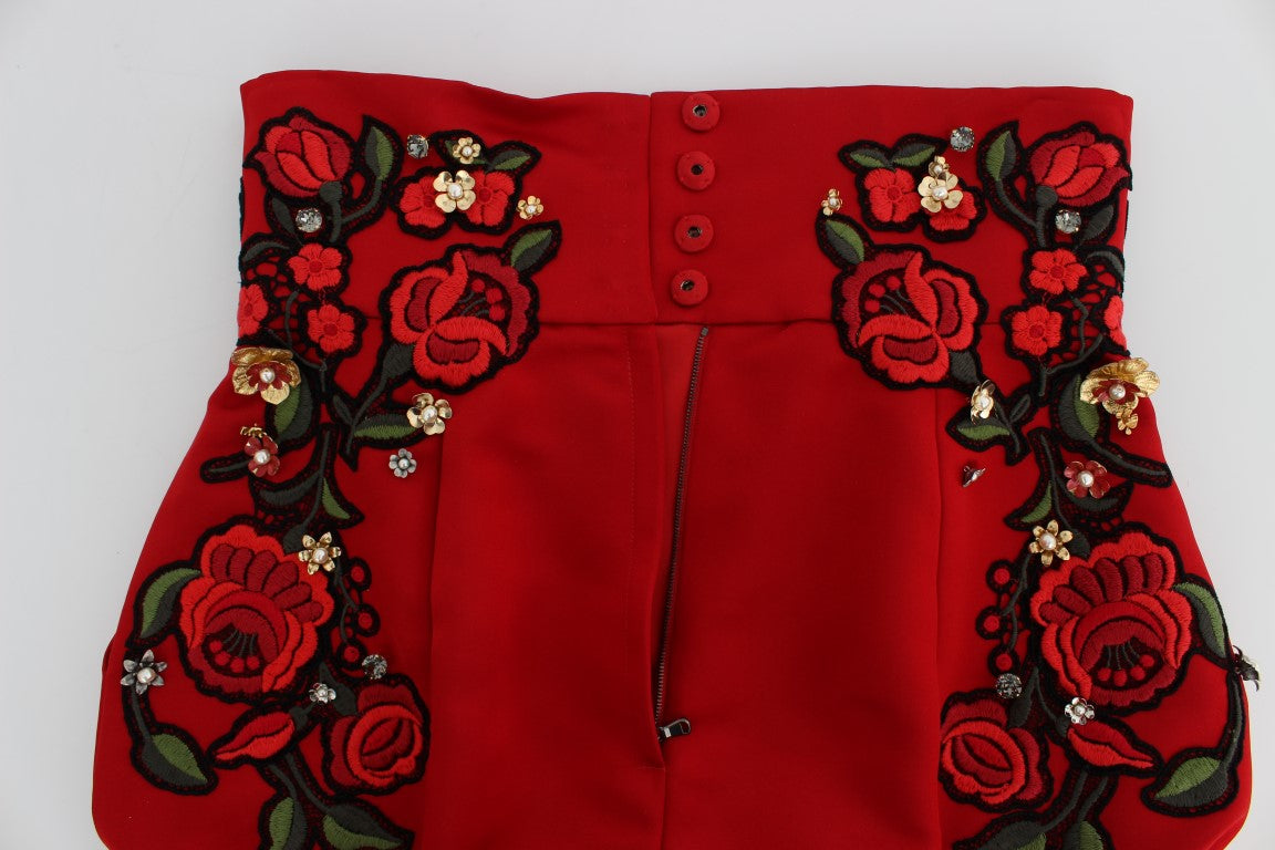 Dolce &amp; Gabbana Red Silk Mini Shorts with Crystal Embellishment