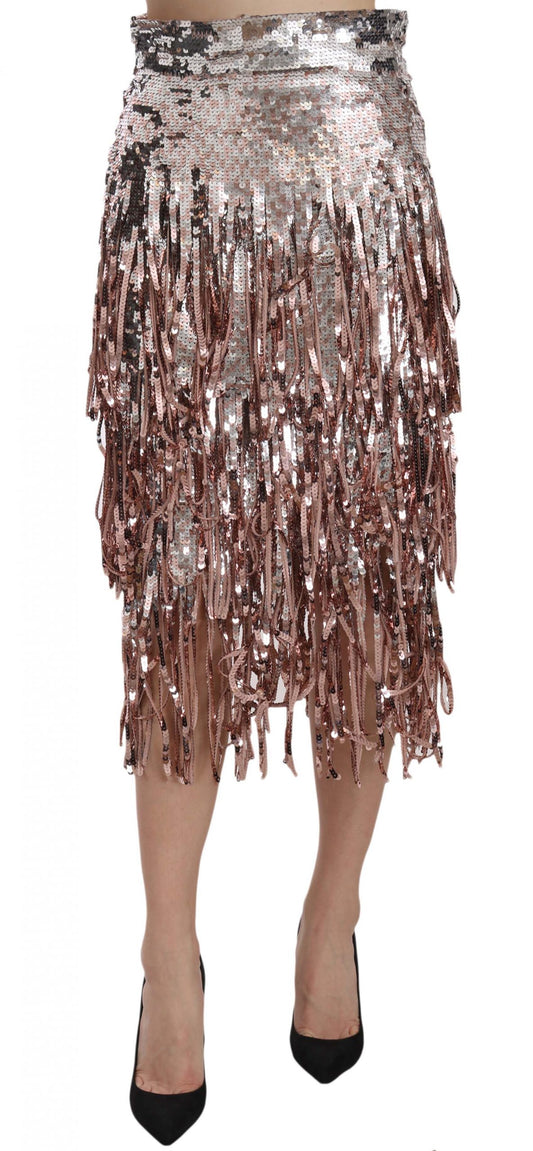 Dolce &amp; Gabbana Metallic Sequin Tulle High Waist Midi Skirt