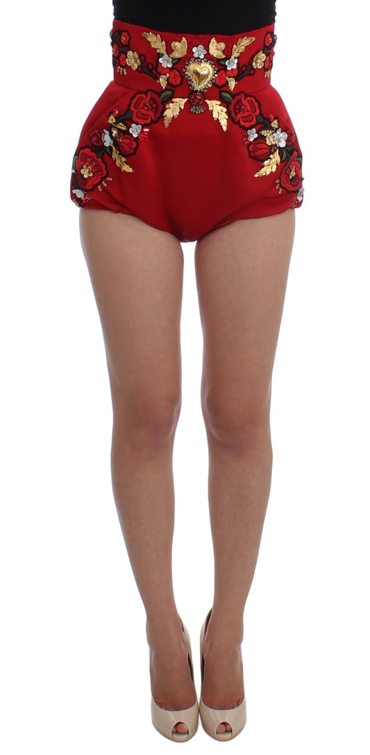 Dolce &amp; Gabbana Red crystal-embellished high-waist silk shorts