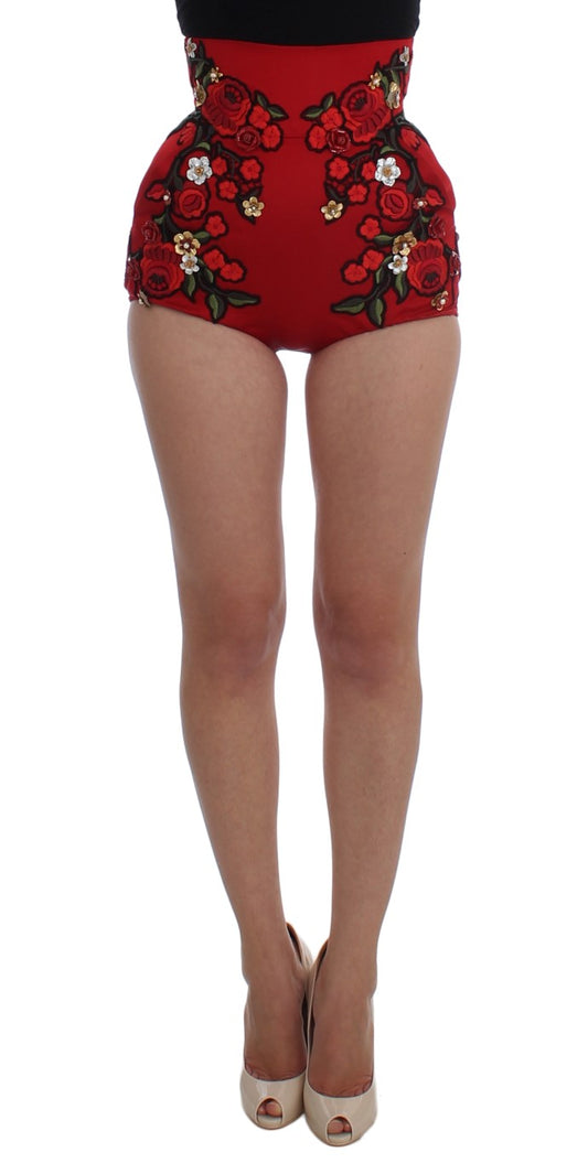 Dolce &amp; Gabbana Glamorous Shorts with Floral Silk Embroidery in Red