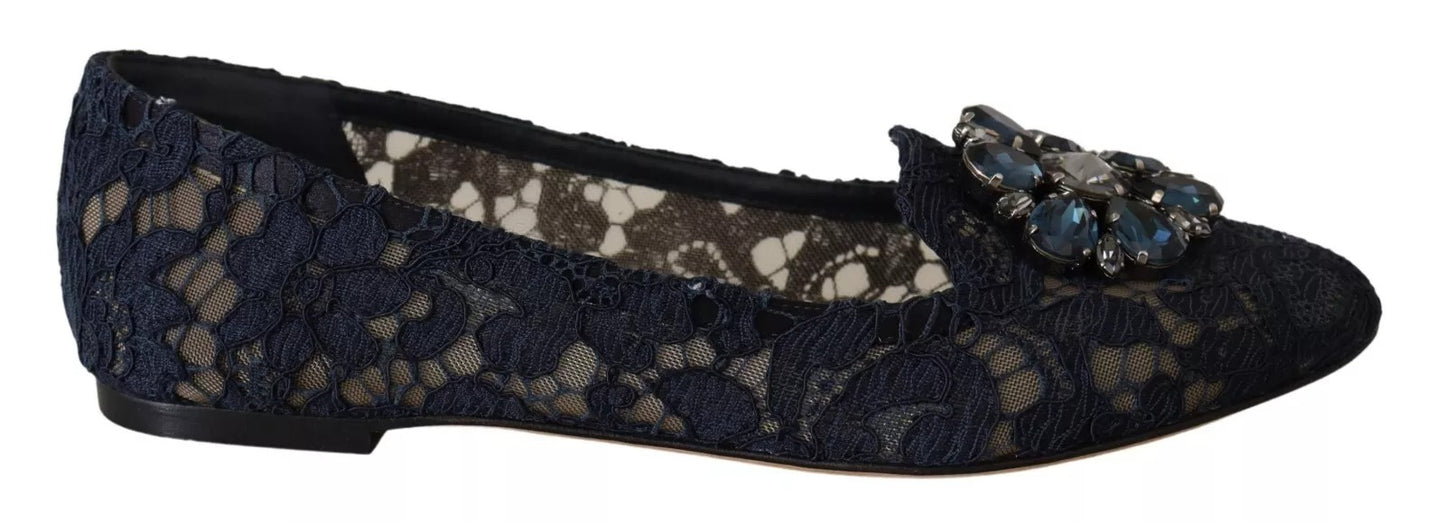 Dolce & Gabbana Blue Crystal Loafer Lace Ballet Flats Shoes