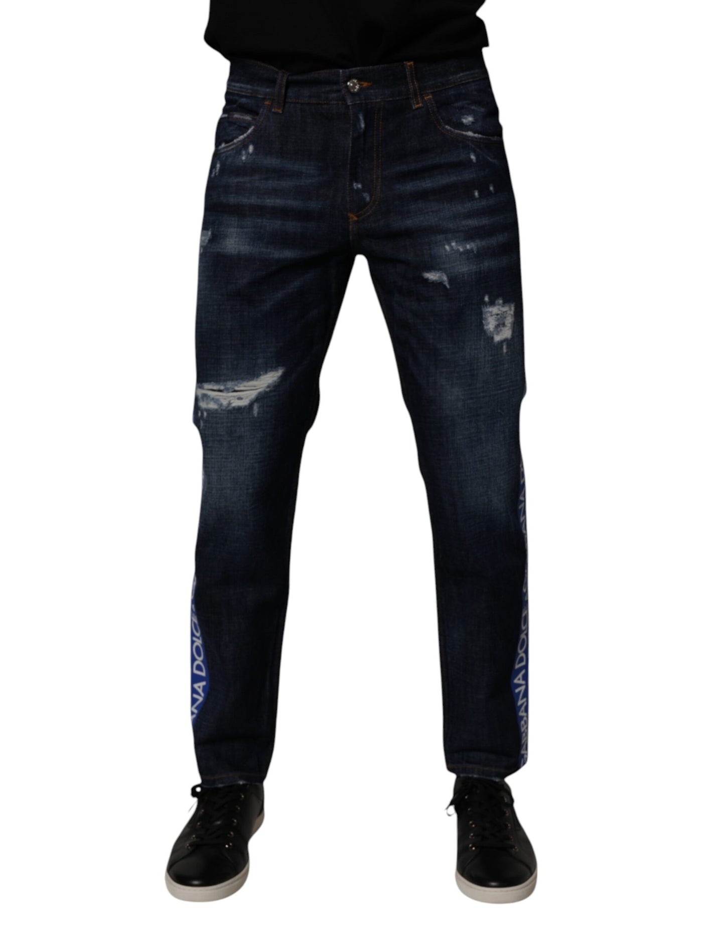 Dolce & Gabbana Dark Blue Cotton Tattered Skinny Denim Jeans