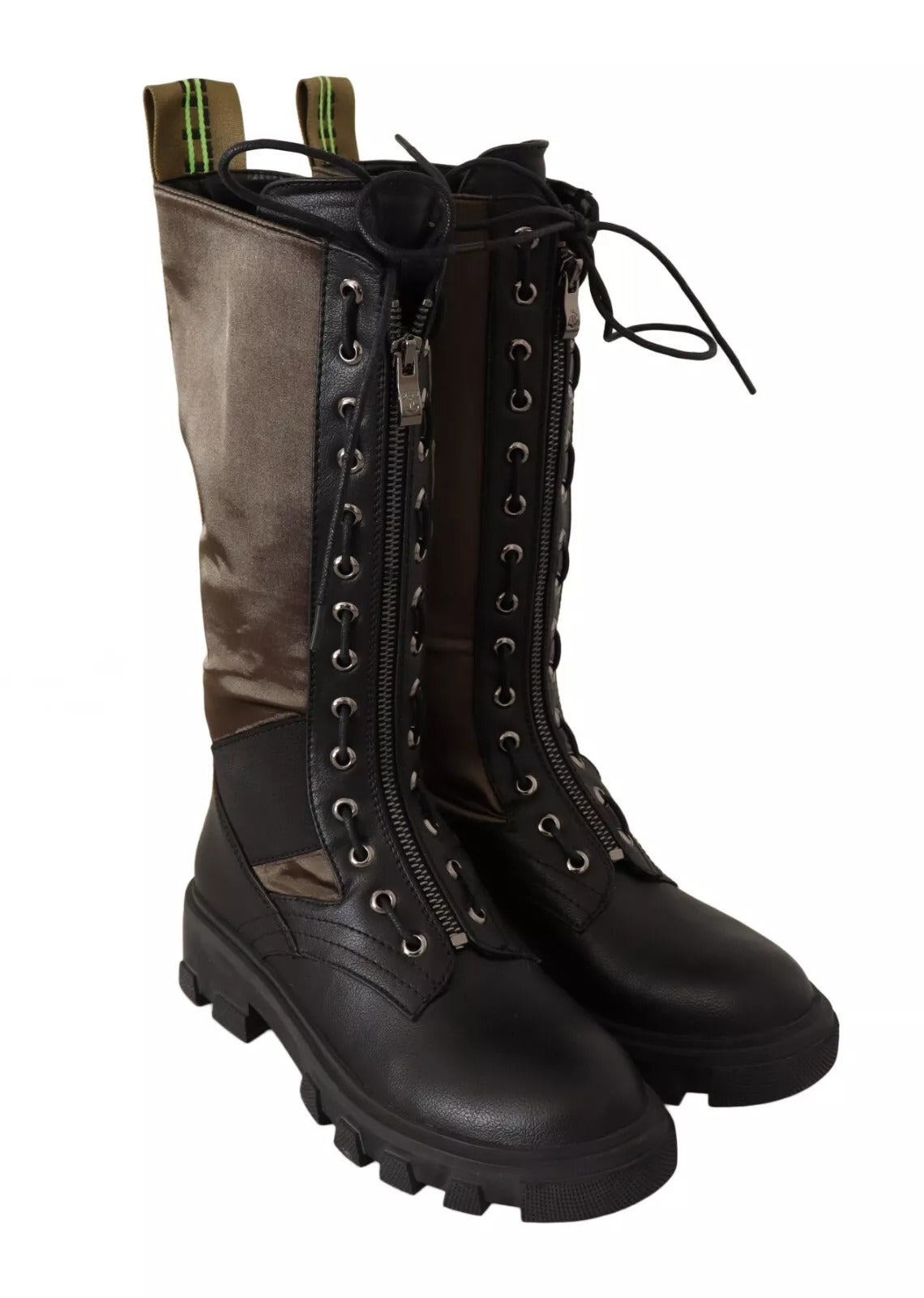 Gaelle Black Green High Combat Boots Lace Up Military Shoes