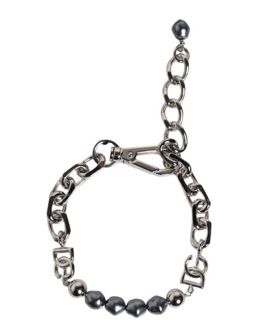 Dolce & Gabbana Silver Tone Chain Lobster Clasp Logo Gray Pearls Bracelet