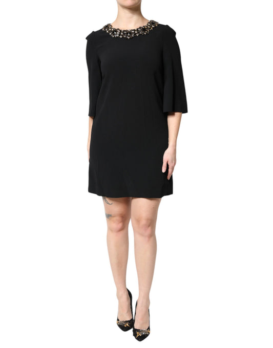 Dolce & Gabbana Black Crystal Embellished Round Neck Mini Dress