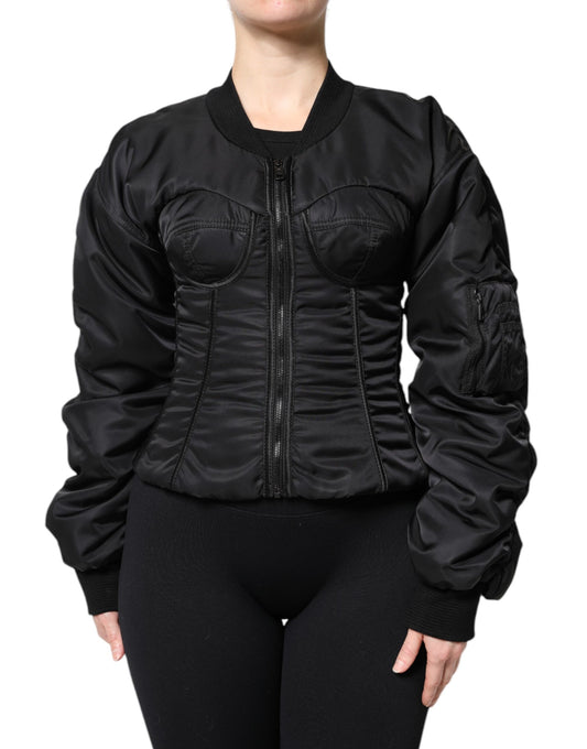 Dolce & Gabbana Black Nylon Full Zip Bustier Corset Jacket
