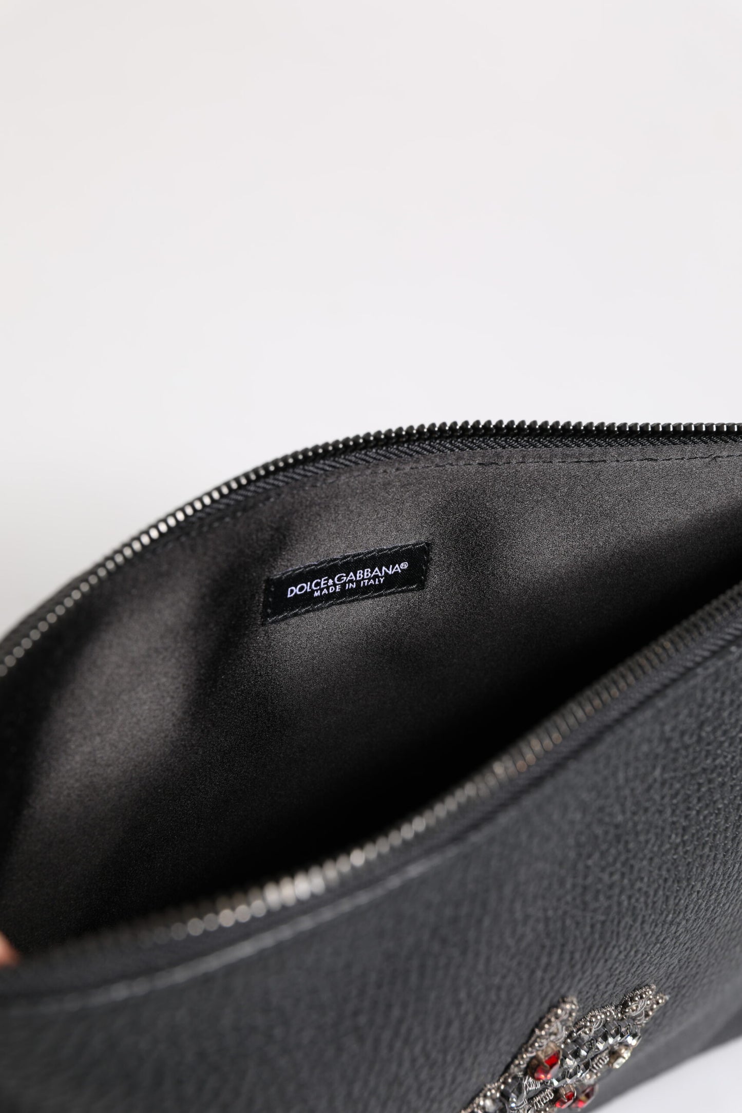 Dolce & Gabbana Black Calfskin Crown Embellished Clutch Pouch Bag