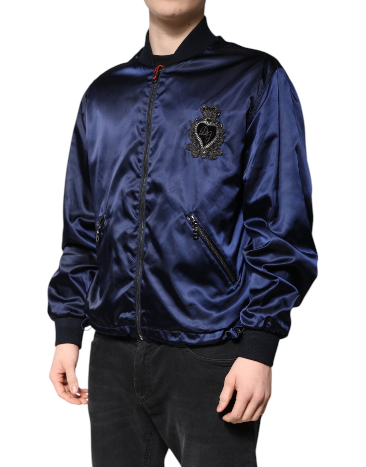 Dolce & Gabbana Blue Nylon DG Crown Full Zip Bomber Jacket