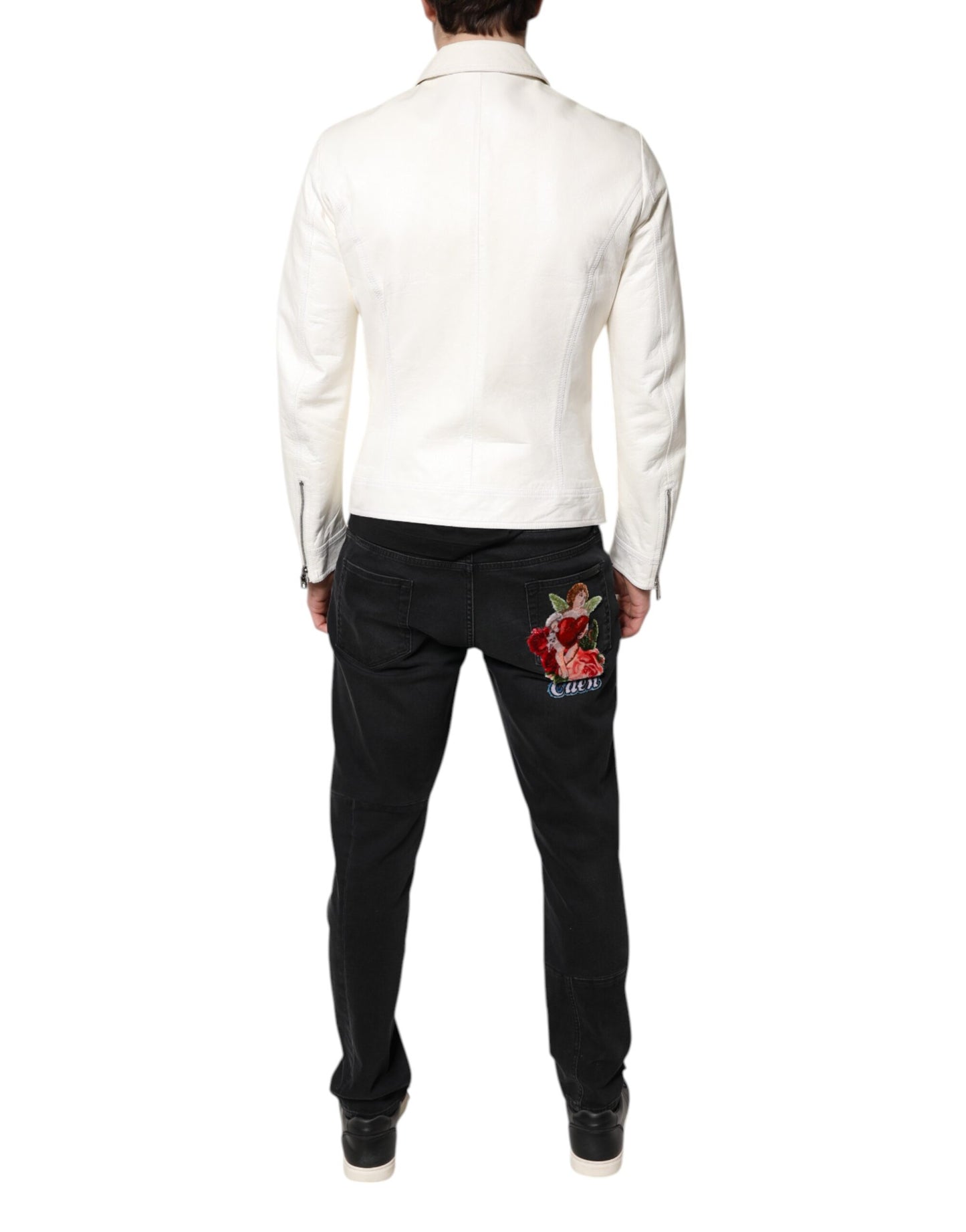 Dolce & Gabbana White Collared Full Zip Biker Coat Jacket