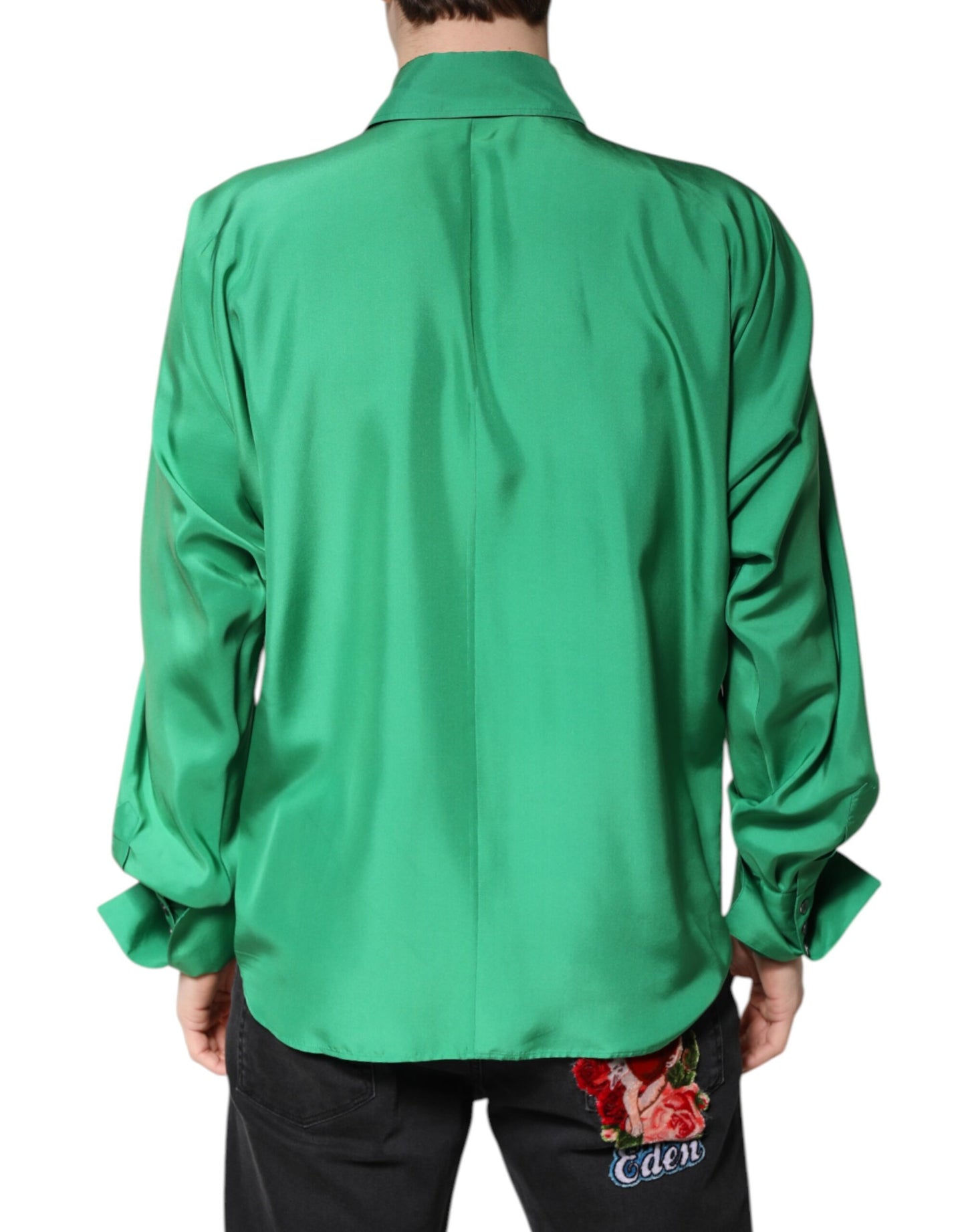 Dolce & Gabbana Green Silk Satin Long Sleeves Casual Shirt