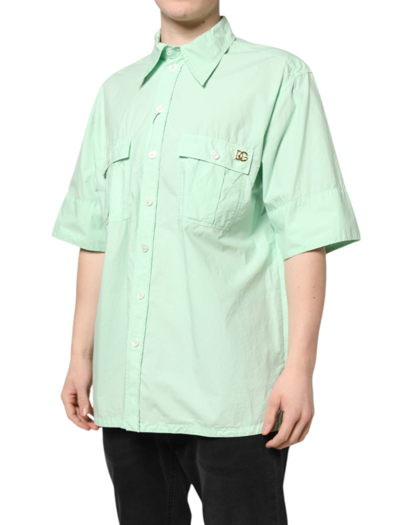 Dolce & Gabbana Green Cotton Short Sleeves Men Casual Shirt