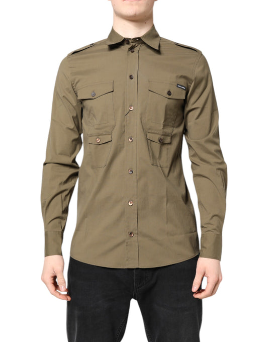Dolce & Gabbana Brown Cotton Stretch Casual Long Sleeves Shirt