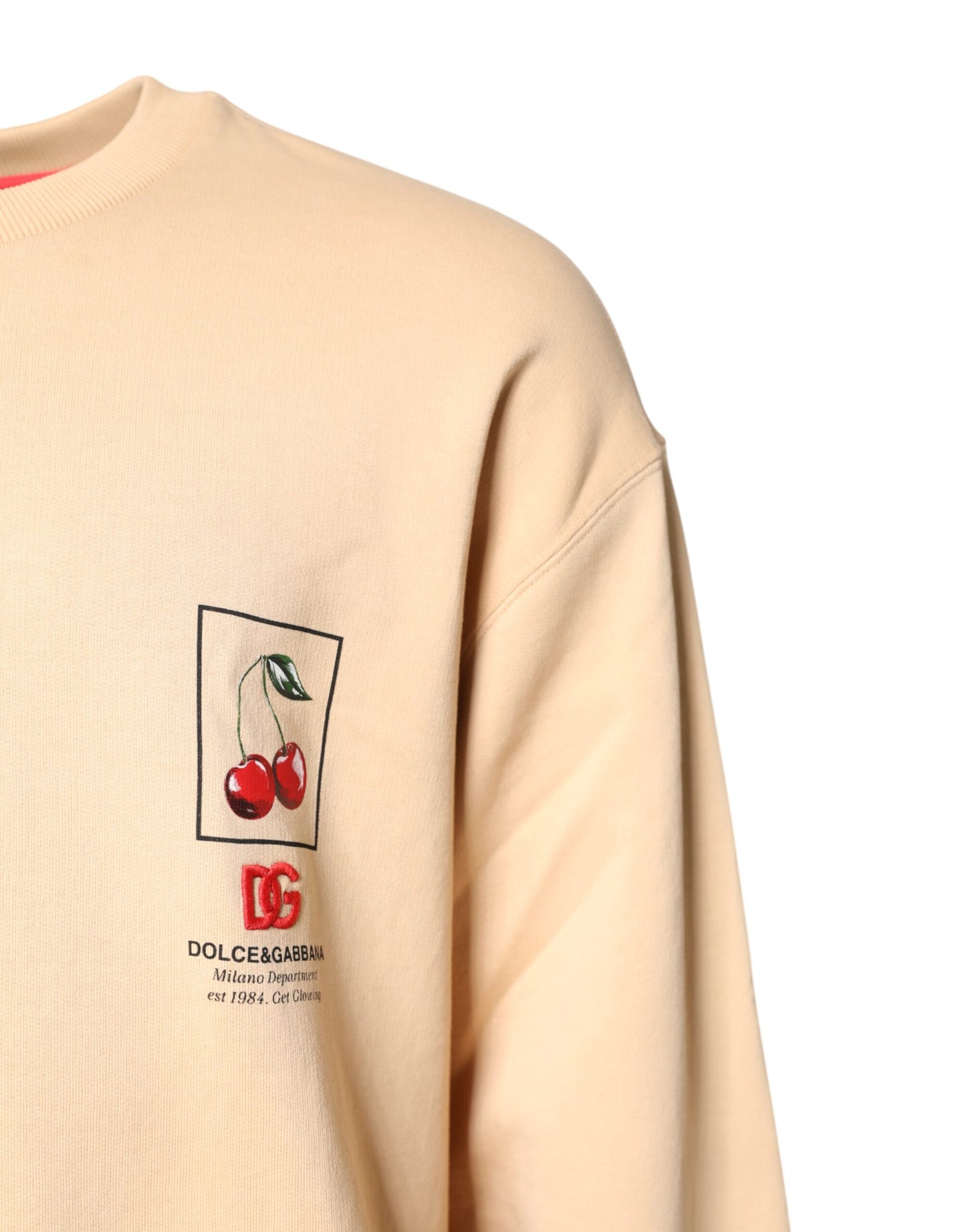 Dolce & Gabbana Beige Cherry Print Crew Neck Pullover Sweater