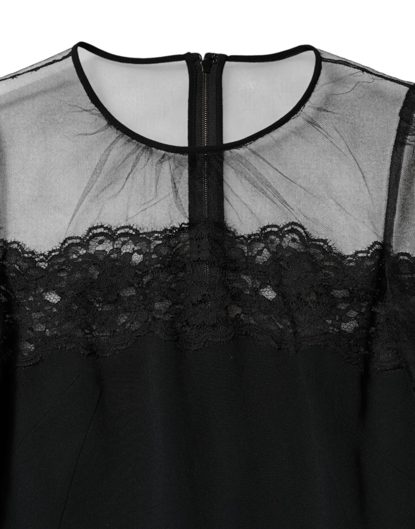 Dolce & Gabbana Black Lace Trim Nylon Tulle Sheath Midi Dress
