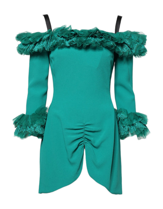Dolce & Gabbana Green Lace Off Shoulder Sheath Mini Dress