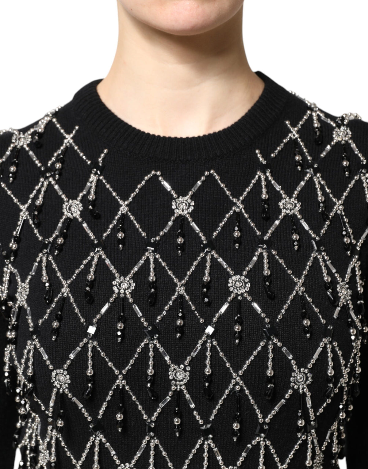 Dolce & Gabbana Black Cashmere Embellished Long Sleeves Top