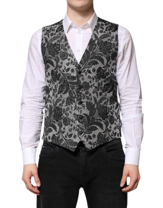 Dolce & Gabbana Black Gray Brocade Formal Men Waistcoat Vest