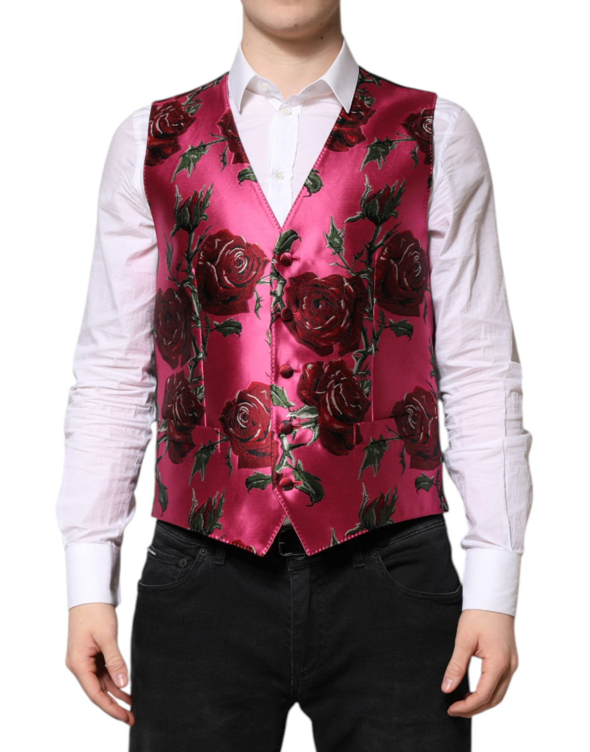 Dolce & Gabbana Pink Floral Satin Formal Men Waistcoat Vest