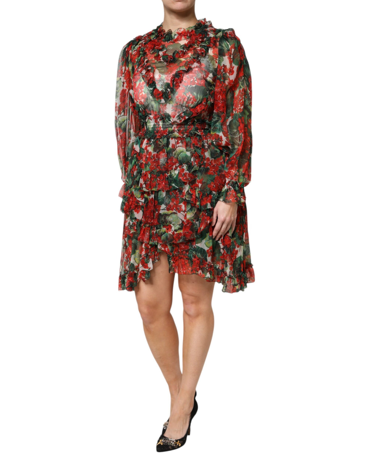Dolce & Gabbana Multicolor Ruffle Floral Long Sleeves Dress