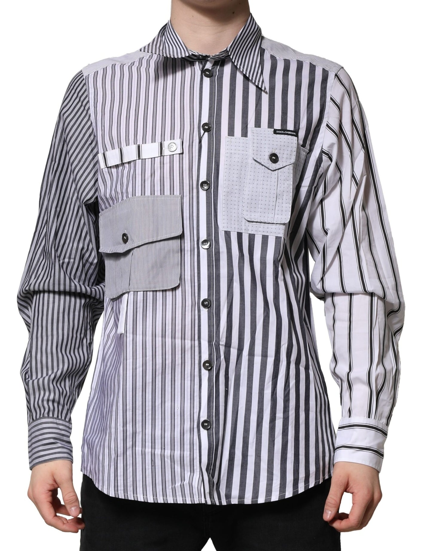 Dolce & Gabbana White Gray Striped Cotton Men Casual Shirt
